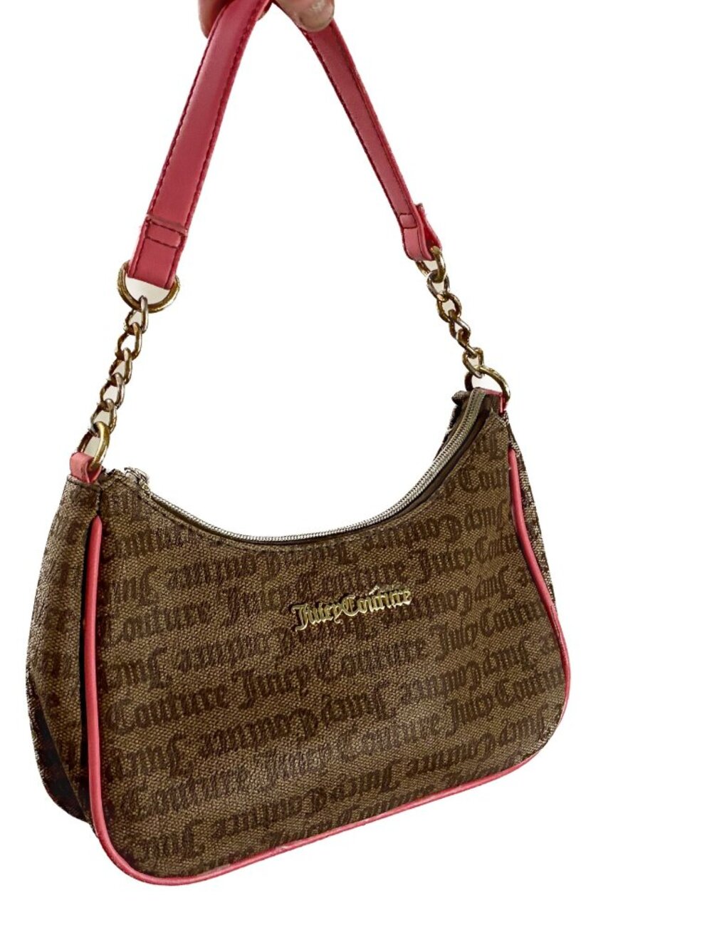 Juicy Couture Brown Jacquard Monogram Pink Trim Demi Baguette Shoulder Bag